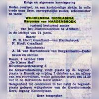 Overlijdens advertentie van Wilhelmina Nicolasina baronesse van Hardenbroek uit 1996. Zij die als laatste werd bijgezet in het familiegraf op de Algemene Begraafplaats te Bunnik. Bron: Delpher.nl.