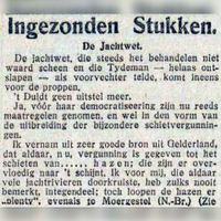 Fragment (1/4) uit De Tijd van 31 mei 1917 ingezonden brief geschreven door jhr. Johan Bosch van Drakestein (1865-1929) waarin hij zijn onvrede uit over de mistanden van het jachtrecht in Nederland. Bron: Delpher.nl.