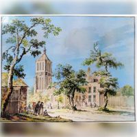 Gewassen pentekening van kerk en toren door P. van Loo uit 1783 Digitaal ingekleurd.