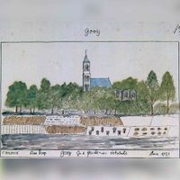 Zicht op het dorp 't Goy in 1731 naar een tekening van Cornelis Pronk. Bron: onbekend.