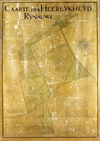 Kaart van het landgoed en de ambachtsheerlijkheid Rhijnauwen vervaardigd door J.P. Colognac, in opdracht van jhr. Jan Balthasar Strick van Linschoten in 1779. (noorden beneden) Bron: Het Utrechts Archief, catalogusnummer: 15356.