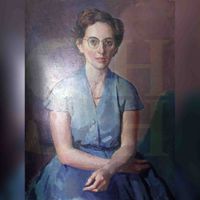 Portret van mevr. Marie-Anna Jacqueline Bosch van Drakestein-Brouwers (1925-2020). Echtgenote van Jhr. René Paul Ignace Ghislain Bosch van Drakestein in 1955. Naar een portret van René Whu. Portret bevindt zich in particulier bezit.