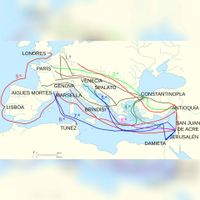 Kaart van de kruistochten in de Oostelijke Middellandse Zee en Tunesië. Bron: Wikipedia Kruisvaarder.