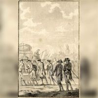 Afbeelding van een stoet patriotten en militairen die de stad Utrecht hebben verlaten op zondag 16 september 1787. Bron: Het Utrechts Archief, catalogusnummer: 32436.