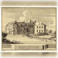 Gezicht op het kasteel IJsselstein te IJsselstein uit het noordoosten, met rechts een gedeelte van de kasteeltuin in 1630-1670. Bron: Het Utrechts Archief, catalogusnummer: 202100.