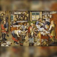 De betaling van de tienden (Pieter Brueghel de Jonge, 1618). Bron: Wikipedia Tiend.