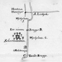 Fragment van een kaart uit het archief van de 'Heren en graven van Culemborg' waarop het zandpad vanaf de Leebrug bij Houten tot aan het Culemborgs Veer staat ingetekend. Met uitwijkplaatsen, bruggen, en herberg ''t Melkmeisje'. Met daarbij in de buurt kasteel Schonauwen ingetekend. Bron: Het Gelders Archief, 0370, 1776.
