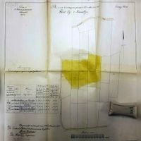 In geel gearceerd de gronden die nodig zijn voor de bouw van het Fort bij 't Hemeltje in 1877 ten oosten van het Utrechtseweg en ten zuiden van de Waijensedijk. Bron: Nationaal Archief.