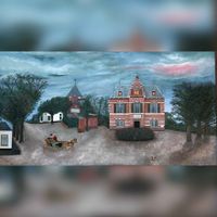 Schilderij van het dorp Bunnik met het Raadhuis en links de dorpskerk. Maken en datering onbekend. Bron: RAZU.