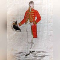 Een persoon getekend in kostuum van hoe het Ridderschap van Utrecht het zich wenste hoe leden van het Ridderschap zich bij bijeenkomsten zouden kleden rond 1838-1840. Bron: HUA, 96-2.