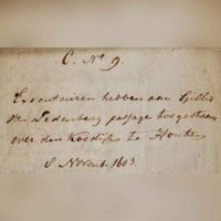 Akte waarbij Gillis van Ledenburch verklaart voor verschillende verplichtingen zijnerzijds toestemming van de executeurs-testamentair te hebben verkregen tot doorgang over de Koedijk bij land in Houten in 1603. Bron: HUA, 755, 94.