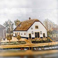 Foto van een schilderijtje van boerderij De Hoge Fox met op de voorgrond de Leedijk en de Leesloot. Bron: RAZU, 353.