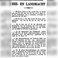 Krantenbericht van de Zee- en landmacht uit juli 1932. Waarbij staat vermeld 'De 1e Luit. jhr. F. H. M. Michiels van Kessenich, van de treinafd. mder IVe artilleriebrigade, is overgeplaatst bij het 1e veldart. en blijft te Utrecht in garnizoen.'. Bron: Delpher.nl.