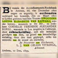 Aankondiging van huwelijksontbinding van Jkvr. van Rappard en Jhr. Roëll op 12 maart 1899. Bron: Arnhemsche Courant 12-01-1900, Delpher.nl.