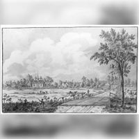 Gezicht vanaf de Hillebrandsteeg op het dorp De Bilt, uit het zuiden, met op de voorgrond een brug over de Biltsche Grift op donderdag 27 augustus 1761. Vervaardigd door D. Burg. 