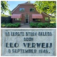 'DE EERSTE STEEN GELEGD GELEGD DOOR LEO VERWEIJ, 6 SEPTEMBER 1946', gedenksteen eerstesteenlegging van een voormalige Molenland nr. 9, in juni 2023. Foto: Sander van Scherpenzeel.