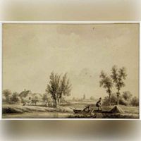 Gezicht op het landschap in de omgeving van Houten, waarvan de kerktoren aan de horizon is te zien in de periode 1790-1810. Naar een tekening van N. Wicart. Bron: Het Utrechts Archief, catalogusnummer: 809945.