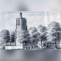 Gezicht op de toren van de Nederlands Hervormde kerk te Houten in 1729 naar een tekening van J. Nutges. Bron: Het Utrechts Archief, catalogusnummer: 202576.