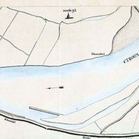 Kaart van een gedeelte der rivier de Lek tussen het huis genaamd de Roode Leeuwen Steenenhoek bij Honswijk in ca. 1800. Bron: NA, 4VTHR, 565.