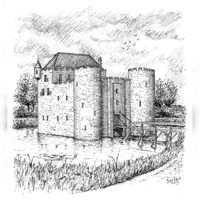 Een reconstructie tekening van hoe mogelijk kasteel 't Goy er uitgezien zou kunnen hebben. Er zijn geen tekeningen bewaard gebleven van het kasteel. Ook is niet bekend hoe het eruit gezien heeft 800 jaar geleden. Tekening: Peter Koch.
