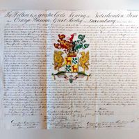 De officiële (kopie) adelsdimploma van jhr. Paulus Willem Bosch van Drakestein uit 1829. Bron: De Hoge Raad van Adel, Nederland.