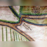 Kaart uit 1761 naar een voorbeeld uit 1614 door tekenaar J.Rz. van den Berch met bovenaan het sinds 1748 bekende speelhuis bij de Kovelaarsbrug. Weg naar rechtsonder is het Rijndijkje of Koppeldijk. Bron: Het Utrechts Archief, 221, 1097.