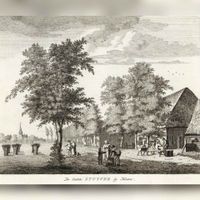Gezicht op de herberg De Laatste Stuiver bij het dorp Houten in 1770-1800. Naar een tekening van G. Eichler. Bron: HUA, catalogusnummer: 200576.