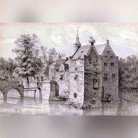 Gezicht op het omgrachte kasteel Wulven te Houten uit het noordoosten in 1766 door E.M.F. d' Hangest d' Yvoy. Bron: Het Utrechts Archief, catalogusnummer: 206380.
