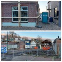 Collage van de start van de verbouw van de appartementen aan de Kolensteeg (1e foto) bovenaan vanaf het Plein gezien met links nr. 10, onderaan gezien vanaf de Kolenplaats tussen De Passage en de Pr. Bernhardweg in december 2023. Foto: Sander van Scherpenzeel.