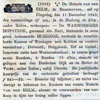 Verkoop hofstede Den Daal in december 1849 ten overstaan de Maarsseveense notaris Van den Helm geveild in herberg De Klop. Bron: Delpher.nl.
