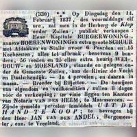 Advertentie voor de verkoop van een burgerwoning of boerenwoning in februari 1837 door de Maarssenveense notaris Van den Helm in herberg De Klop. Bron: Delpher.nl.
