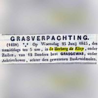 Op woensdag 25 juni 1845 werd in herberg De Klop 12 bunders aan grasgewas verpachting aangeboden, gelegen in Zuilen. Bron: Delpher.nl.